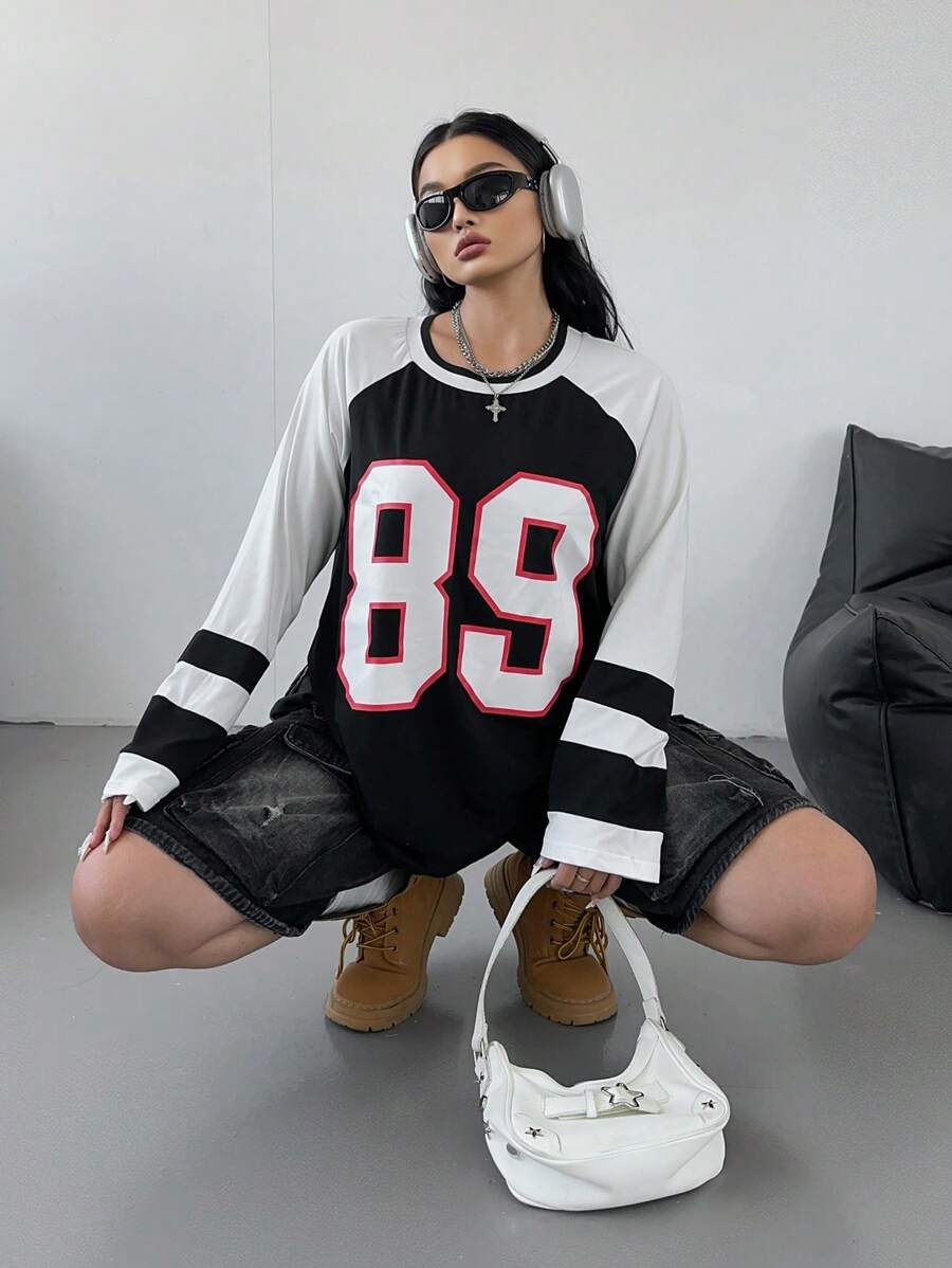 SHEIN Unity Plus Size Women Letter Print Casual T-Shirt With Raglan Sleeves - Black and White - View 1
