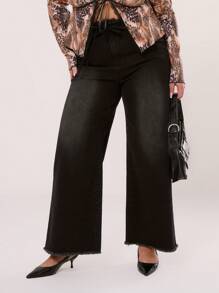 MUSERA Plus Size Raw Hem Washed Jeans For Everyday, Break, Casual, Y2K, 2000'S Style, Streetwear, Street Style , Holiday - Black - View 2