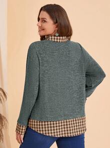 EMERY ROSE Camiseta casual de talla grande con parche a cuadros en 2 en 1, para otoño