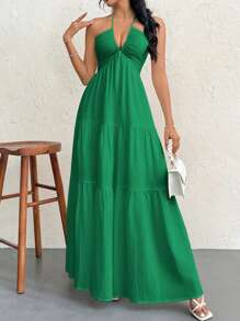 Firerie Đầm dài hở lưng buộc dây bằng vải chiffon cho nữ, thích hợp cho kỳ nghỉ, đám cưới, tiệc tùng - màu xanh lá - Xem 5