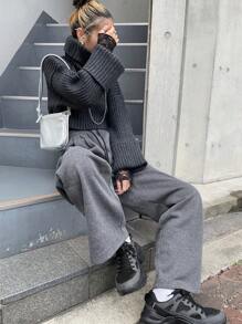 FRIFUL 女式亮面抽绳腰宽松直筒休闲裤 - 灰色 - 查看 2