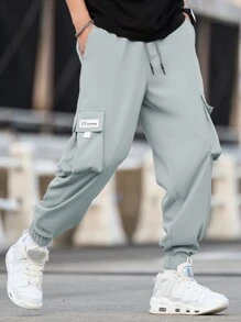 Manfinity Hypemode Men Plus Size Letter Patched Flap Pocket Side Drawstring Waist Cargo Pants, Fall - Dusty Blue - View 5