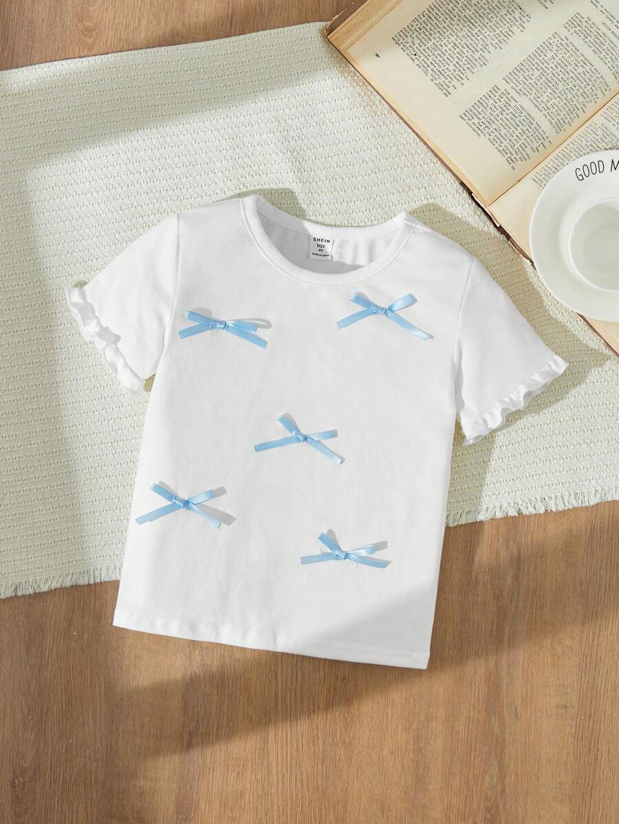 SHEIN Tricou din tricot larg pentru fete, franceză, elegantă, cu decor alb cu fundă, toamnă/iarnă - alb - Vizualizare 1