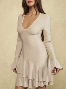 Forever 21 Đầm mini tay loe màu trơn thanh lịch cho nữ - Màu be - Xem 7