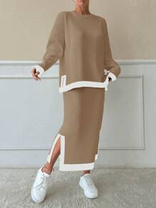 EURMUSE 2 件套撞色拼布圆领毛衣和裙子休闲装 - 卡其色 - 查看 3