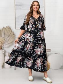 EMERY ROSE Váy tay bèo in họa tiết hoa cỡ lớn, trang phục mùa xuân cho phụ nữ, trang phục kỳ nghỉ nhiệt đới cho phụ nữ - màu đen - Xem 5