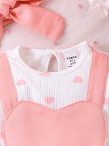 SHEIN 1 bộ đồ liền thân tay dài in họa tiết trái tim sọc caro cho bé gái + băng đô - Hồng - Xem 5