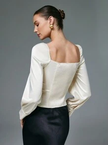 Poéselle Blusa de satén con mangas de farol, adornos de encaje negro y contraste de satén para mujer elegante, ropa de mujer para Navidad, blusa de manga larga, ropa de mujer de negocios, ropa de mujer de otoño e invierno
