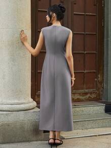 Poéselle Đầm dài màu xám giản dị không tay dệt cổ vuông một hàng khuy cho nữ, váy cho nữ thanh lịch, quyến rũ nơi công sở, váy cổ điển cho nữ, xuân/hè - Xám - Xem 6