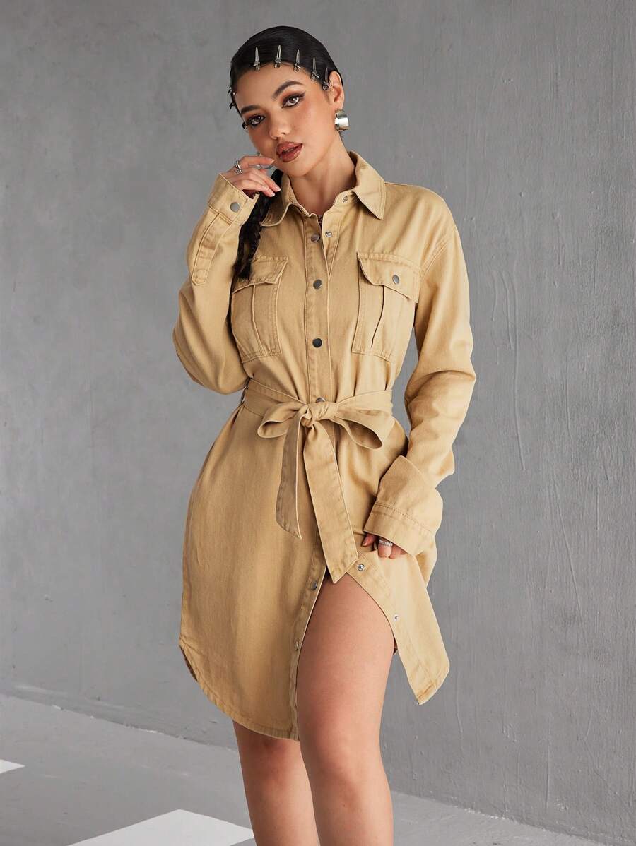 SHEIN EZwear Women's Autumn Long Sleeve Single Breasted Utility Pocket Casual Denim Shirt Dress - Khaki - View 1
