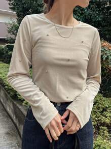 FRIFUL 女士休闲圆领串珠长袖T恤，秋季女装