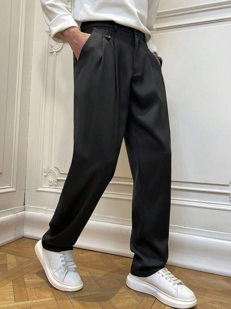 Claim Dot Pantalones casuales rectos sueltos de unicolor con bolsillo fruncido para hombres - Negro - Añade 5