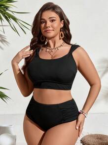 SHEIN Swim Curve Plus Size Women's High Waist Ruched Swimwear Set, Textured Fabric Summer - Black - View 4