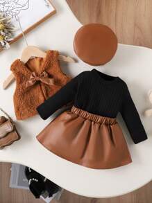 SHEIN 3pcs/Set Baby Girl Elegant Fuzzy Skirt Set With Beret Hat, Autumn/Winter - Brown - View 1