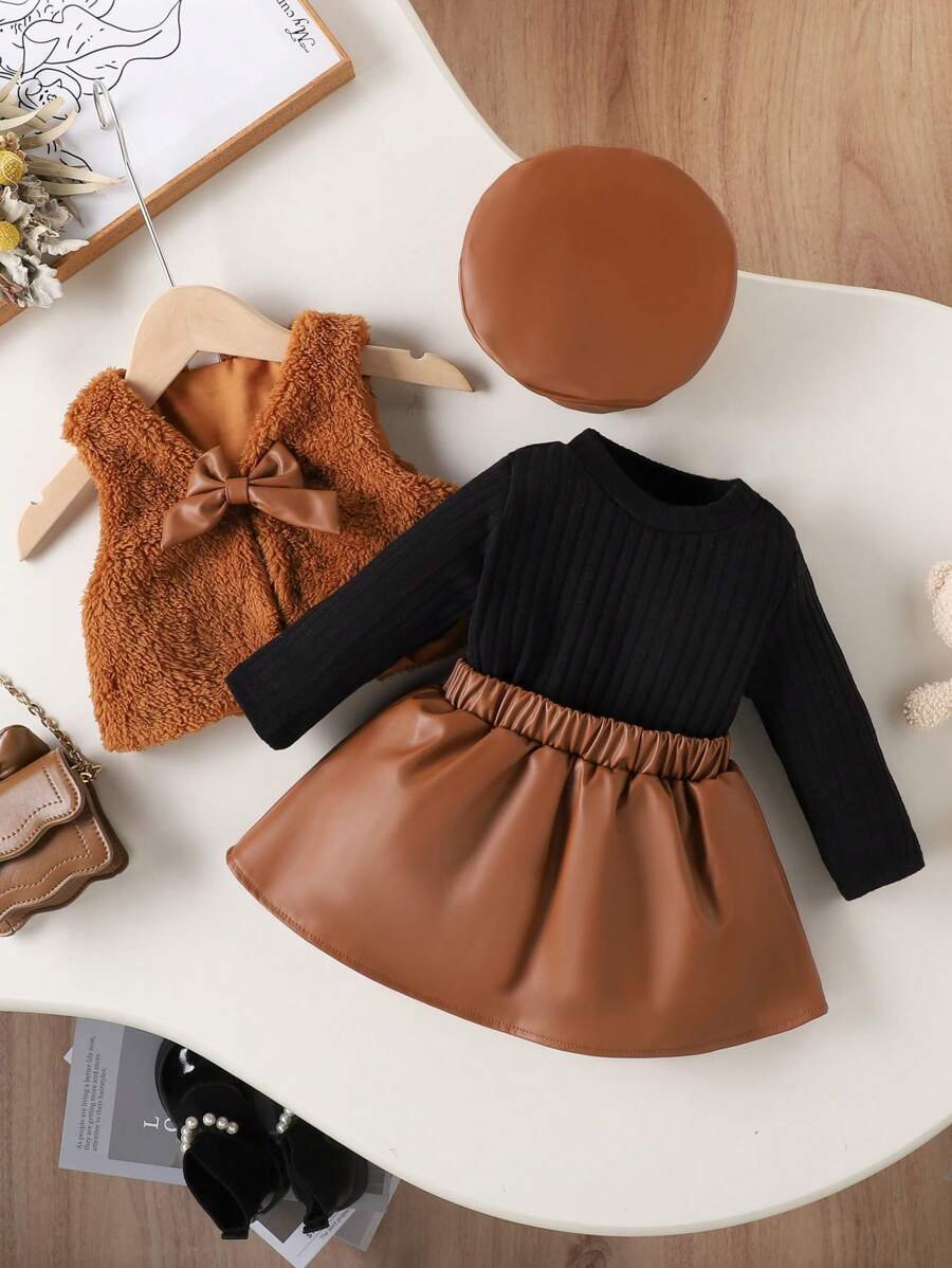 SHEIN 3pcs/Set Baby Girl Elegant Fuzzy Skirt Set With Beret Hat, Autumn/Winter - Brown - View 1