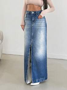 EURMUSE HIGH RISE AYMMETRIC FRAYED HEM WOMEN SKIRT - Medium Wash - View 5