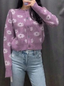 INAWLY Cardigan feminino casual com estampa floral, outono/inverno - Multicolorido - Ver 4