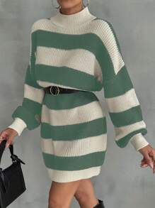 EURMUSE Women Drop Shoulder Sweater Dress With Striped Pattern - Mint Green - View 5