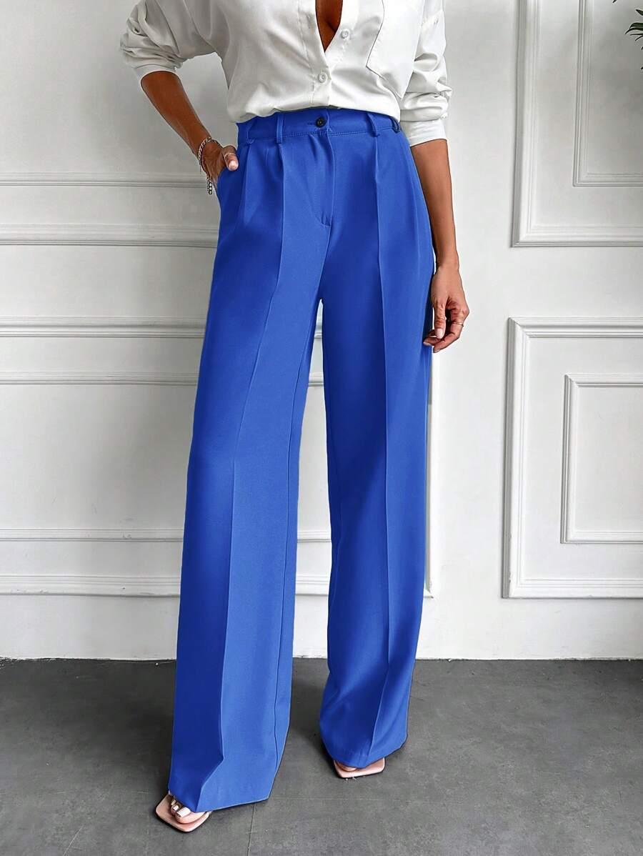 EURMUSE Solid Slant Pocket Wide Leg Suit Pants - Dusty Blue - View 1