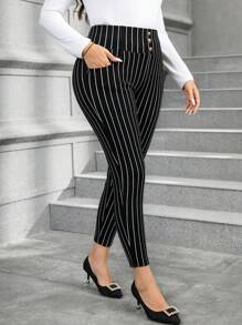 SHEIN Clasi 大码女式条纹纽扣装饰时尚紧身裤，适合办公室和通勤 - 黑與白 - 查看 4