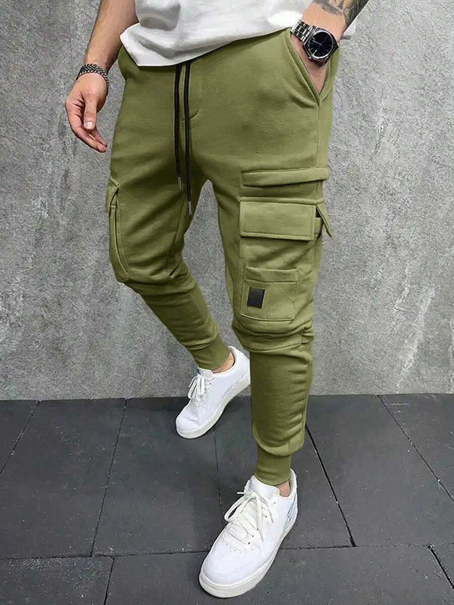 Manfinity LEGND Men's Utility Pocket Drawstring Waist Jogger Pants, Casual & Versatile - Army Green - View 1