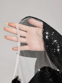 SHEIN Belle 优雅亮片撞色网眼晚礼服，情人节礼服，黑色鸡尾酒会礼服女士圣诞节黑色晚礼服，正式派对礼服，秋冬季黑色性感网眼长袖伴娘服，婚礼宾客礼服 - 黑色 - 查看 9