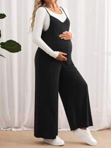 SHEIN Maternity Solid Color Ribbed Wide Leg Loose Casual Jumpsuit