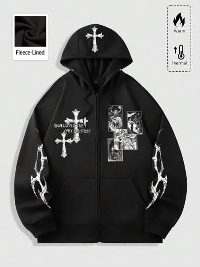 Our Men's Slogan & Cross Print Zip Front Hoodie Sweatshirt, Casual