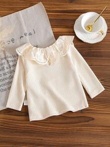 SHEIN 婴儿女孩和男孩春季纯色杏色荷叶边领长袖上衣，甜美风格，简约图案，舒适合身，适合日常穿着、居家休闲、圣诞休闲、节日派对、轻松优雅的装扮