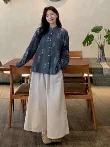 Women Blue Loose Floral Embroidered Shirt, Stand Collar, Spring,Fall Clothes Long Sleeve Top - Navy Blue - View 2