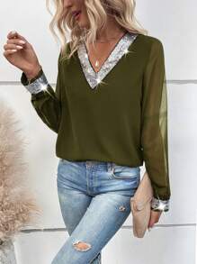 SHEIN Clasi Blusa elegante de manga larga con cuello en V, parches de lentejuelas y malla para mujer