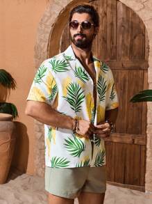 Manfinity VDAYZ Conjunto de playa para hombre con camisa de manga corta con estampado botánico y shorts de unicolor