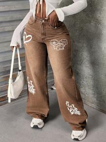 SHEIN Slayr Jeans de mujer de color café con estampado - Café integral - Ver 3