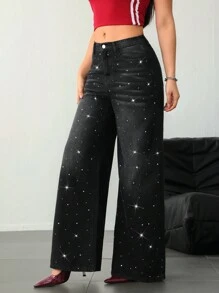 SHEIN Tall 女士牛仔裤 高腰女士牛仔裤 黑色低腰宽松闪亮水钻牛仔裤 牛仔裤 闪亮牛仔裤 宽松女士牛仔裤 低腰宽松牛仔裤 女士下装 亮片裤 闪光裤 高腰女士裤子 特卖 - 黑色 - 查看 5