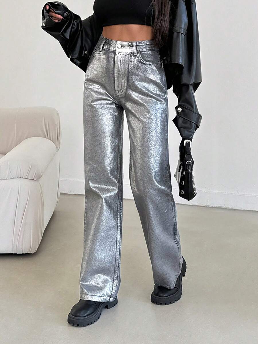 EURMUSE Fashion Metallic Feeling High-Waisted Straight Leg Jeans - Light Grey - View 1