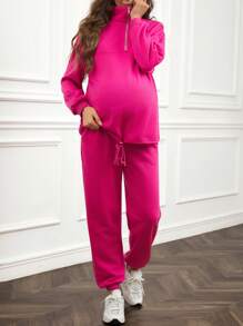 SHEIN 2 pièces/set Top minimaliste à manches longues avec zip avant et pantalon, pour femmes enceintes, de couleur unie