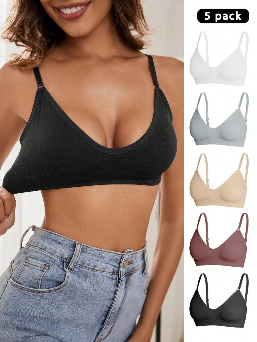 女士純色胸罩套裝(5件) - 彩色 - 查看 1