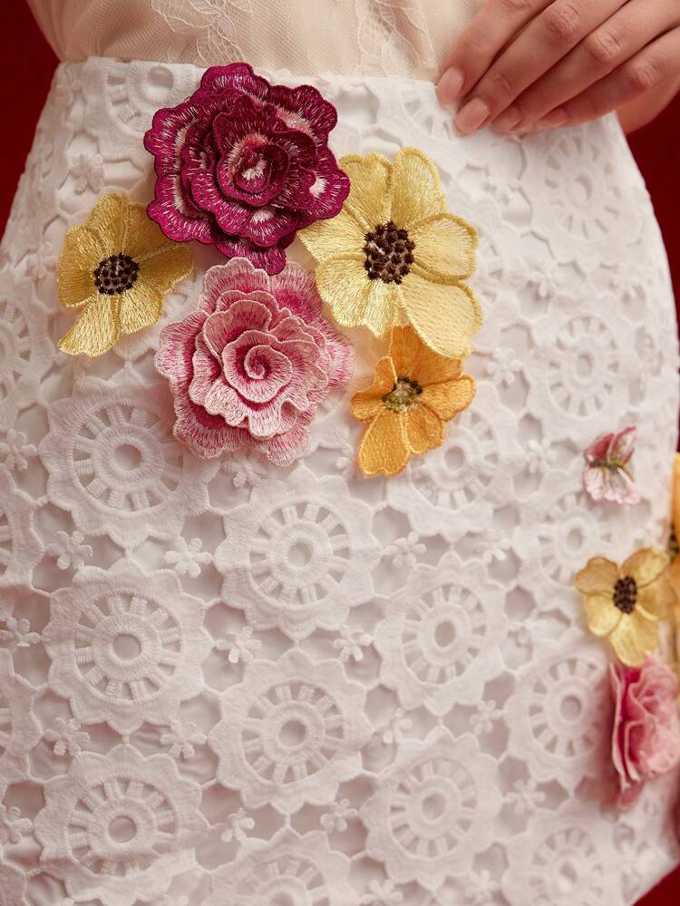 FLORAL EMBROIDERY GUIPURE LACE SKIRT,SPRING/SUMMER