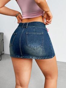 SHEIN EZwear 女士时尚 Y2K 蝴蝶结装饰紧身迷你牛仔半身裙 - 藍色 - 查看 2