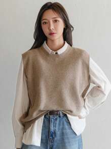 Dazy-Less Loose Solid Color Versatile Women Knitted Vest,Fall Clothes Business Casual Woman Work Clothes - Khaki - View 7