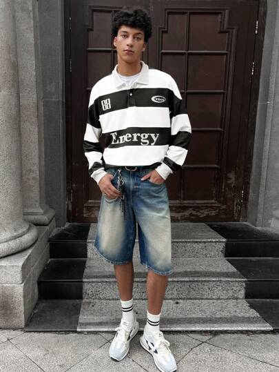 Manfinity VCAY Men's Fashion Casual Thick Striped Loose Fit Long Sleeve Polo Shirt