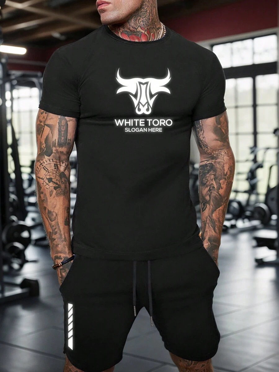 GymBeat Men's Graphic Print Round Neck Short Sleeve T-Shirt And Shorts 2 Pieces Casual Sports Outfit Gym Set Workout Set - Black - View 1