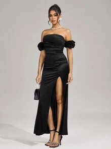 SHEIN Belle Women's Knitted Black Cocktail Party Dress With 3D Floral Waist Detail, Wedding Guest Dress Music Festival  Spring/Summer - Black - View 7