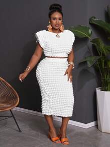 Slaydiva 2pcs/Set Plus Size Women 2025 Casual White Basic Daily & Party Elegant Relaxed Blouse Top With Bubble Textured Fabric & Fitted Skirt - White - View 5