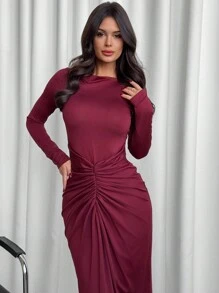 Firerie New Year Valentine's Day Women's Solid Color Round Neck Long Sleeve Ruched Fitted Dress, Elegant