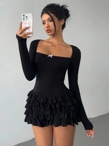 Aloruh Women's Sexy YTK Square Neck  Pink Bow Accent Ruffle Hem Long Sleeve Jumpsuit Long Sleeve Jumpsuit - Black - View 1