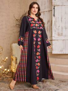 Al Najma Đầm Boho thanh lịch cổ chữ V in hoa tay đèn lồng cỡ lớn cho nữ, kín đáo - Nhiều màu - Xem 4