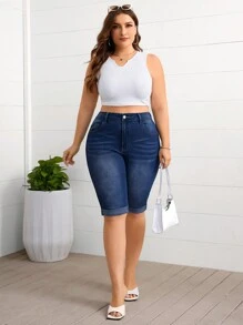 SHEIN Essnce Plus Size Relaxed-Fit Washed Distressed Denim Shorts