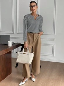 SHEIN Frenchy 女士花卉提花图案长袖宽松休闲针织毛衣，秋冬 - 灰色 - 查看 3