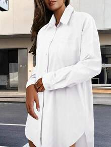 Damen Herbst Lässig einfarbiges vorne geknöpftes kurzes hinten langes Hemd
